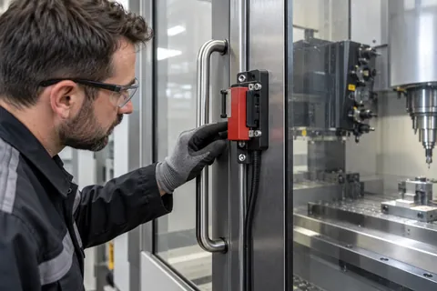 AI-generated scene: Technician inspecting a guard interlock on a stationary enclosed machine