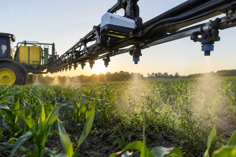 AI-generated scene: Camera-equipped sprayer applying selectively to weeds among crop rows