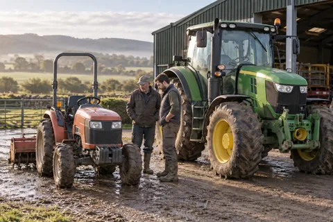 AI-generated scene: Farmers comparing compact and larger tractors in a farmyard