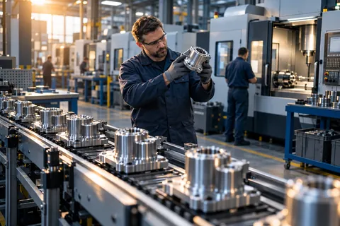 AI-generated scene: Factory worker inspecting a machined component beside a production line