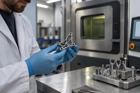 AI-generated scene: Engineer examining a metal lattice bracket beside a closed additive manufacturing machine