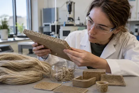 AI-generated scene: Materials researcher examining a natural-fibre composite panel in a laboratory