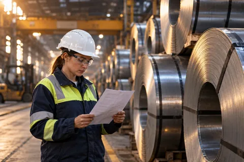 AI-generated scene: Steel supplier reviewing material documentation beside coils