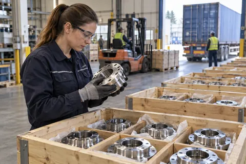 AI-generated scene: Quality inspector checking a metal component beside export crates