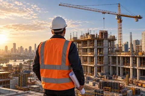 AI-generated scene: Site manager holding plans beside a building under construction at sunrise