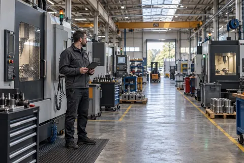 AI-generated scene: Engineer assessing available capacity in a machine shop