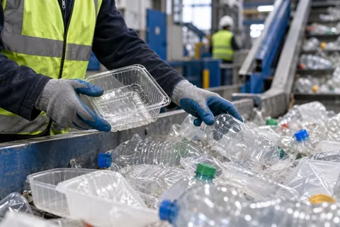 AI-generated scene: Gloved worker sorting plastic trays and bottles at a recycling conveyor
