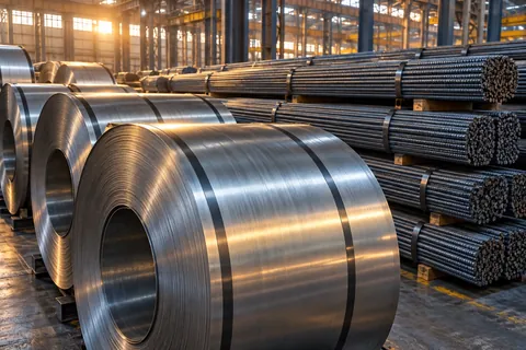 AI-generated scene: Steel coils and bundled reinforcing bars in a warehouse