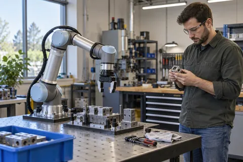 AI-generated scene: Technician beside a stationary collaborative robot and assembly workbench