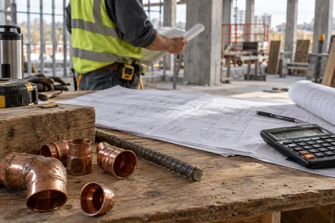 AI-generated scene: Construction materials and calculator on an estimator workbench