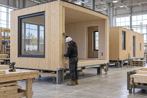 AI-generated scene: Worker measuring a timber module in a housing factory