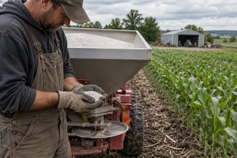 AI-generated scene: Farmer examining fertilizer granules beside a stationary spreader