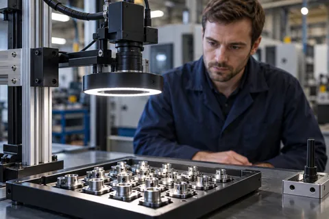 AI-generated scene: Industrial camera inspecting machined metal parts under ring lighting