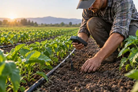 AI-generated scene: Farmer examining a soil moisture probe beside drip irrigation tubing