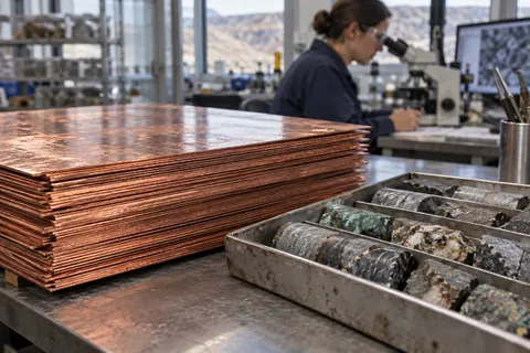 AI-generated scene: Copper samples and drill cores on a materials laboratory bench