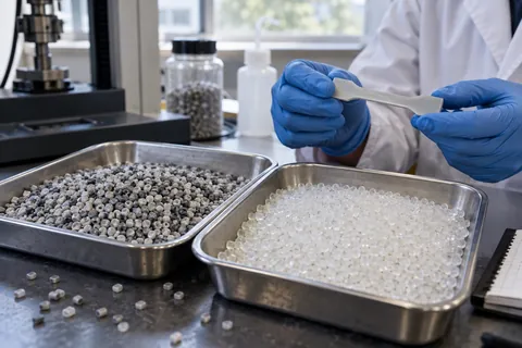 AI-generated scene: Recycled and virgin polymer pellets beside a material test specimen
