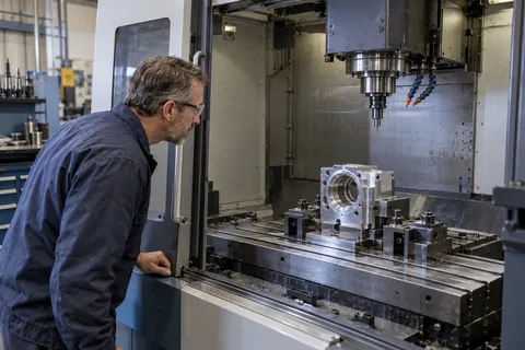 AI-generated scene: Technician inspecting a component inside a stationary CNC milling machine