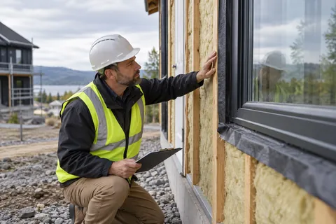AI-generated scene: Building inspector examining an insulated wall and window detail