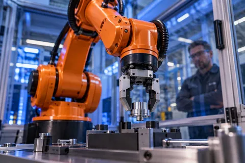 AI-generated scene: Industrial robot positioning a metal part in an automated production cell