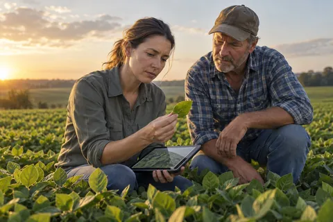 AI-generated scene: Agronomist and farmer examining a leaf and a tablet in a crop field