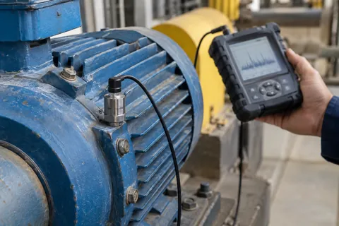 AI-generated scene: Vibration sensor on a stationary motor with a handheld diagnostic instrument