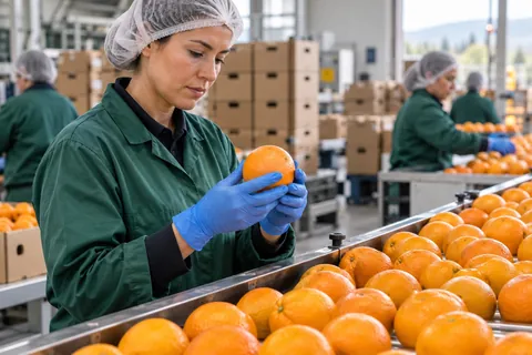 AI-generated scene: Gloved inspector examining citrus fruit on a packhouse line