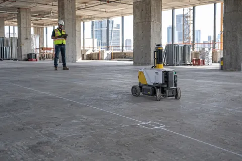 AI-generated scene: Layout robot on a concrete floor with an engineer observing