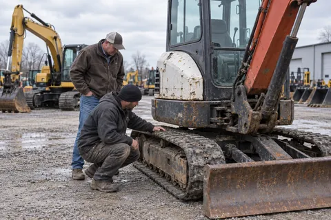 AI-generated scene: Buyer and technician inspecting a used compact excavator
