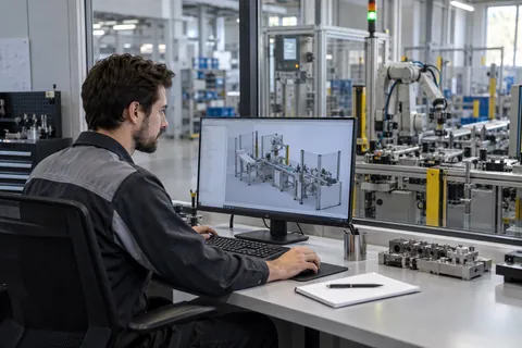 AI-generated scene: Engineer comparing a digital model with a physical assembly line