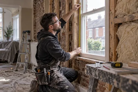 AI-generated scene: Installer assessing a window opening during renovation of an older home