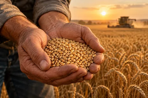 AI-generated scene: Farmer holding wheat grains with a golden field and combine behind