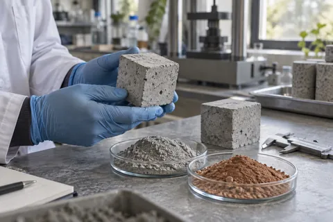 AI-generated scene: Laboratory worker examining a concrete cube beside clay and cement samples