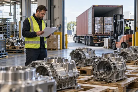 AI-generated scene: Engineer reviewing shipping documents beside automotive component pallets