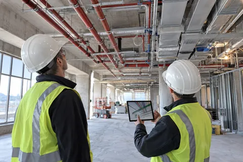 AI-generated scene: Engineers reviewing a building model beneath installed services