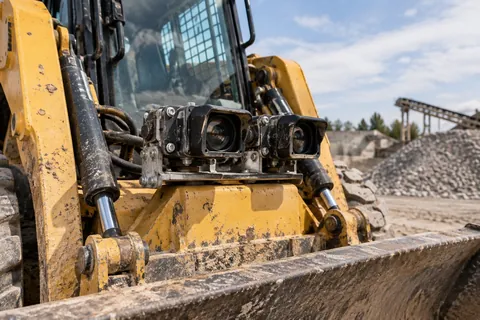 AI-generated scene: Rugged stereo cameras mounted on stationary equipment in a gravel yard