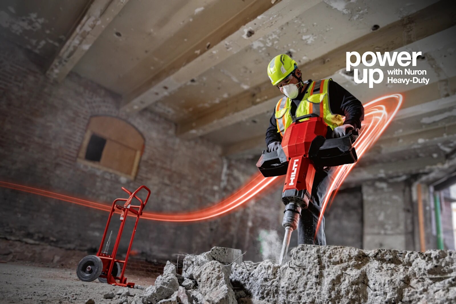 Hilti Power Up with Nuron Heavy-Duty campaign, showing a construction worker using a Hilti cordless breaker.