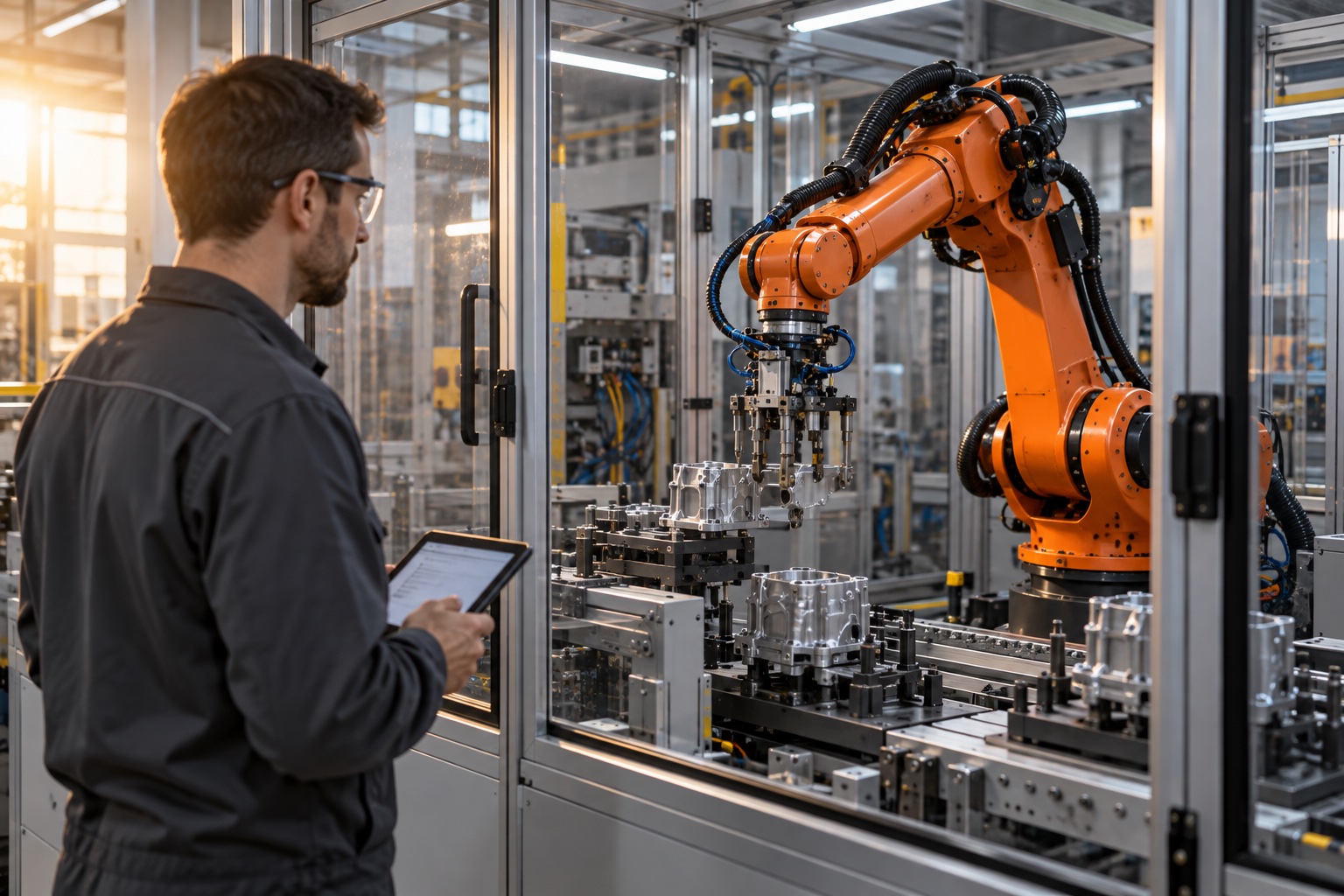 AI-generated scene: Technician observing an industrial robot cell behind its protective enclosure