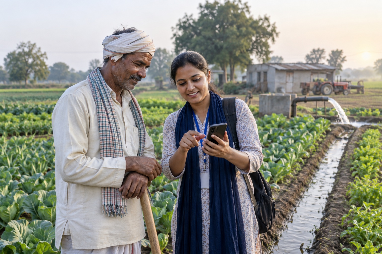 AI-generated scene: Farmer and extension adviser discussing a smartphone beside a vegetable plot