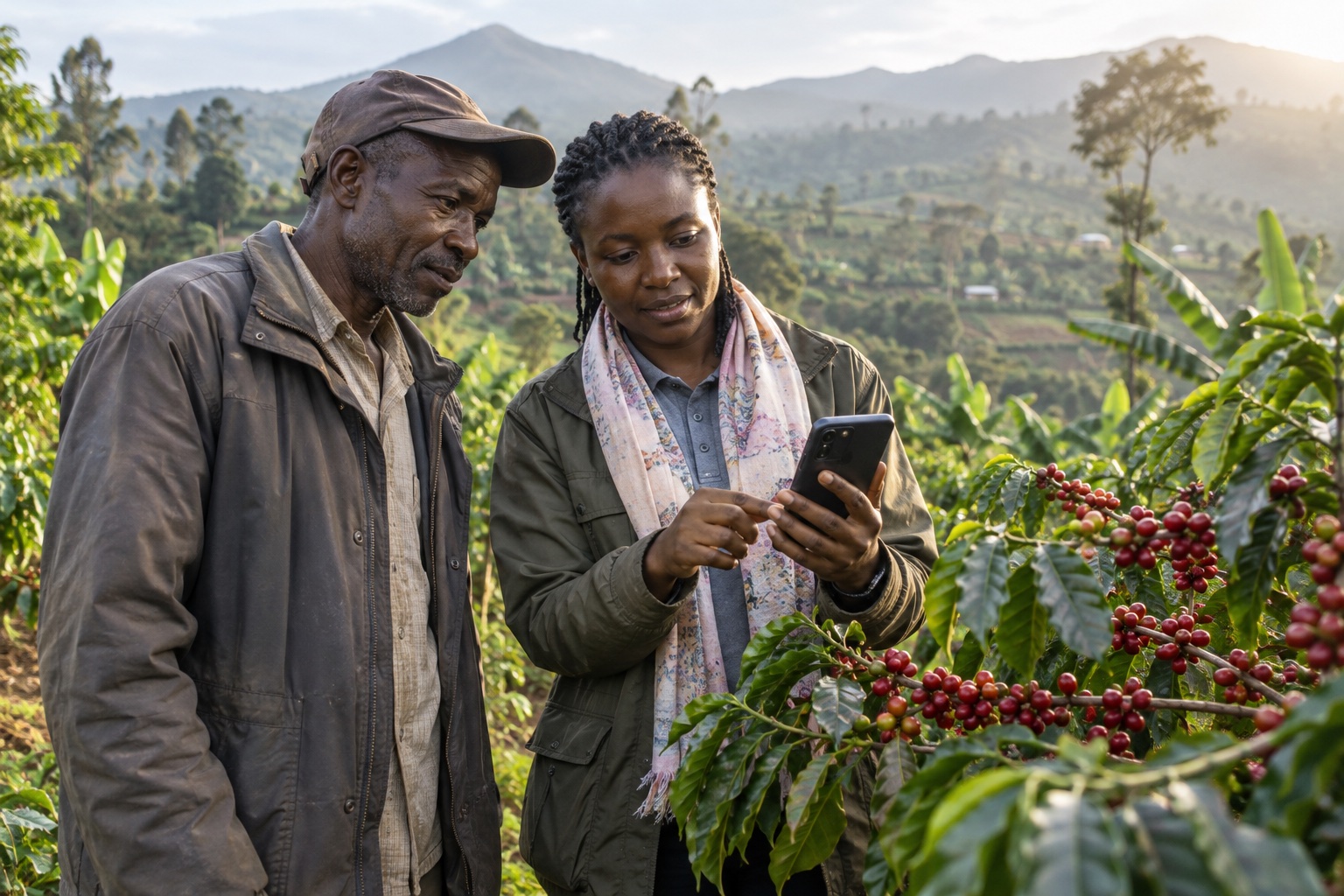 AI-generated scene: Coffee farmer and cooperative field officer recording information beside coffee plants