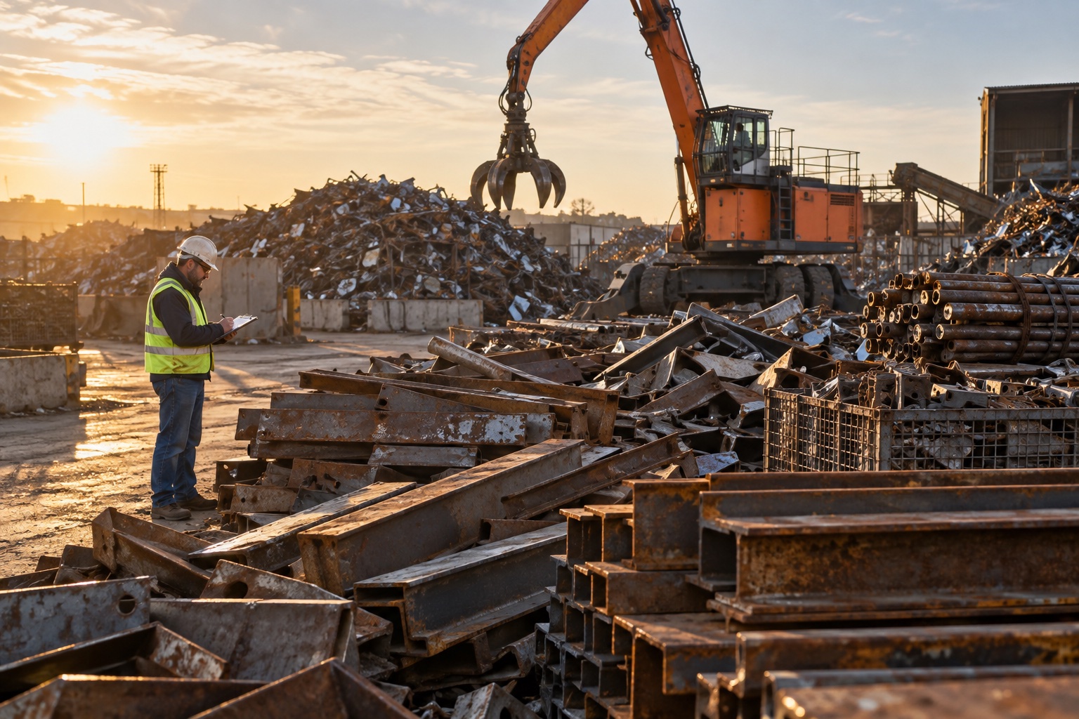 AI-generated scene: Inspector checking sorted steel scrap in a recycling yard