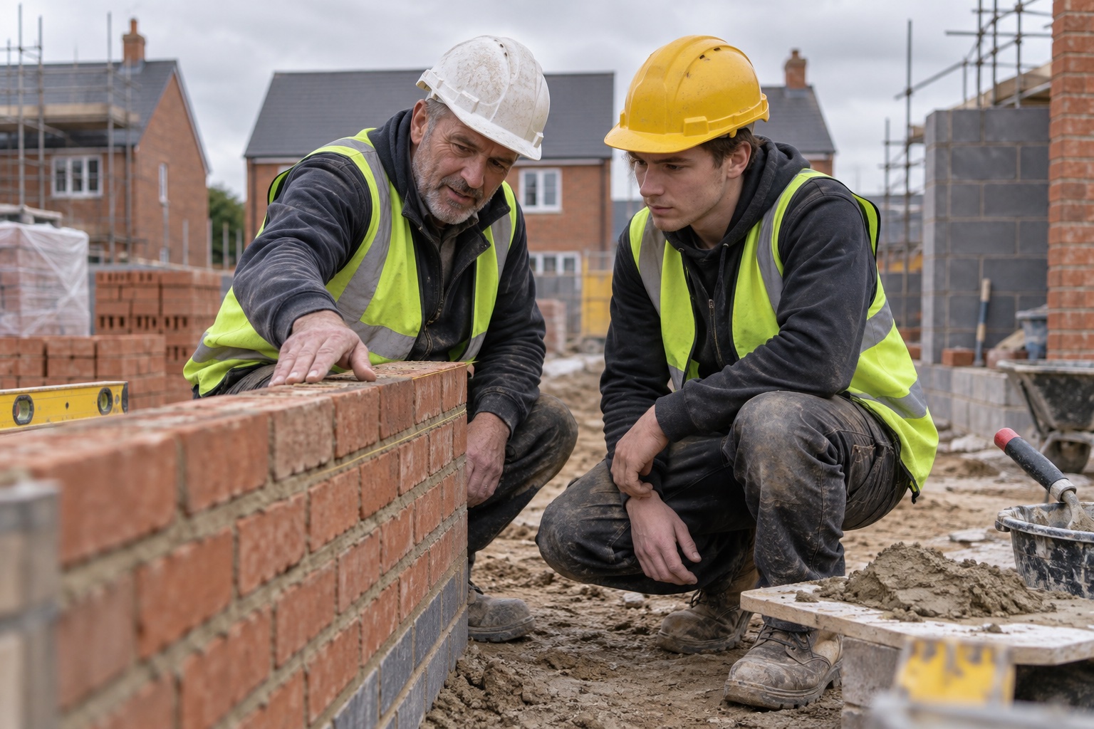 AI-generated scene: Experienced bricklayer mentoring an apprentice at a residential building site