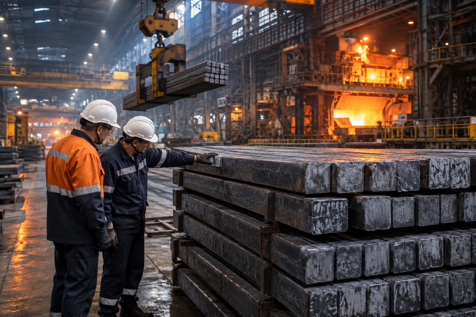 AI-generated scene: Steelworkers beside stacked billets inside a steelmaking facility