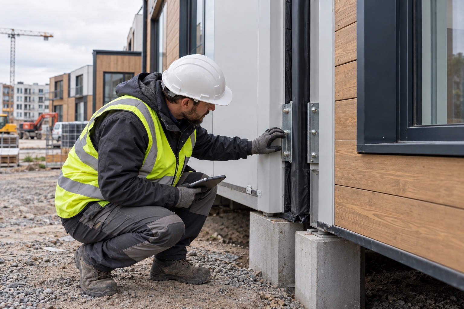 AI-generated scene: Inspector checking a connection between modular building units