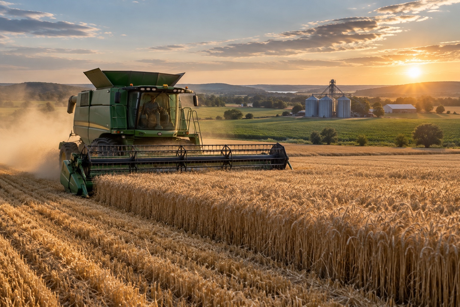 AI-generated scene: Combine harvesting wheat with farm storage visible in the distance