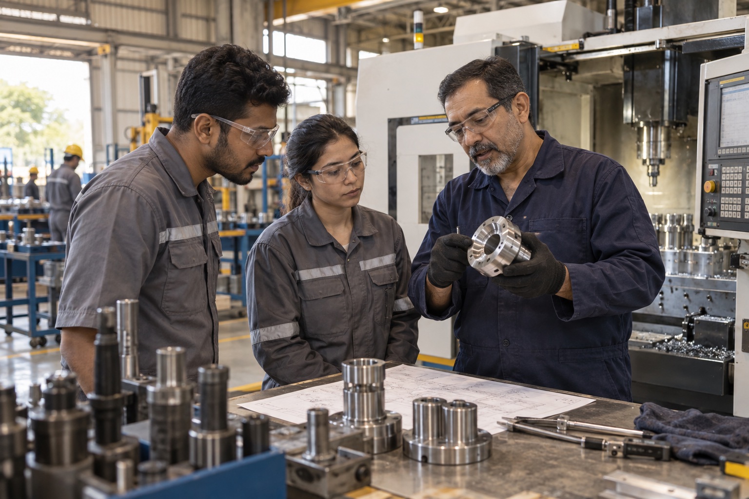 AI-generated scene: Experienced machinist teaching colleagues beside an enclosed machining centre