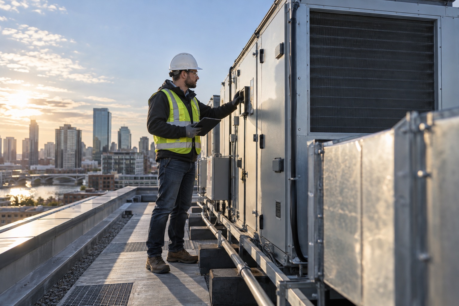 AI-generated scene: Building services engineer checking rooftop ventilation equipment