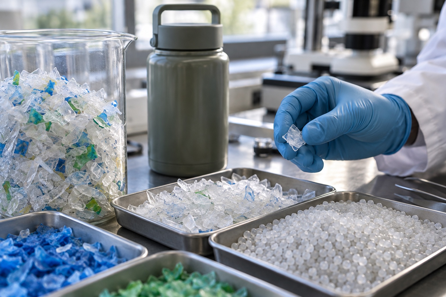 AI-generated scene: Materials technician examining sorted plastic flakes and pellets
