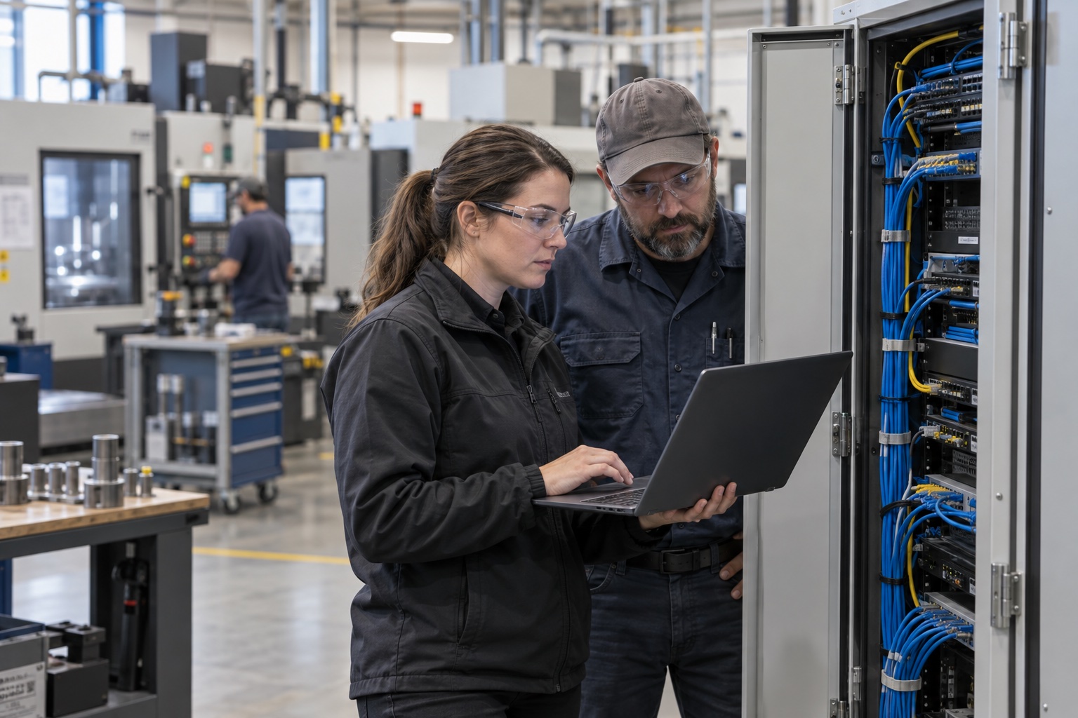 AI-generated scene: Engineer and maintenance technician reviewing a laptop beside factory network equipment