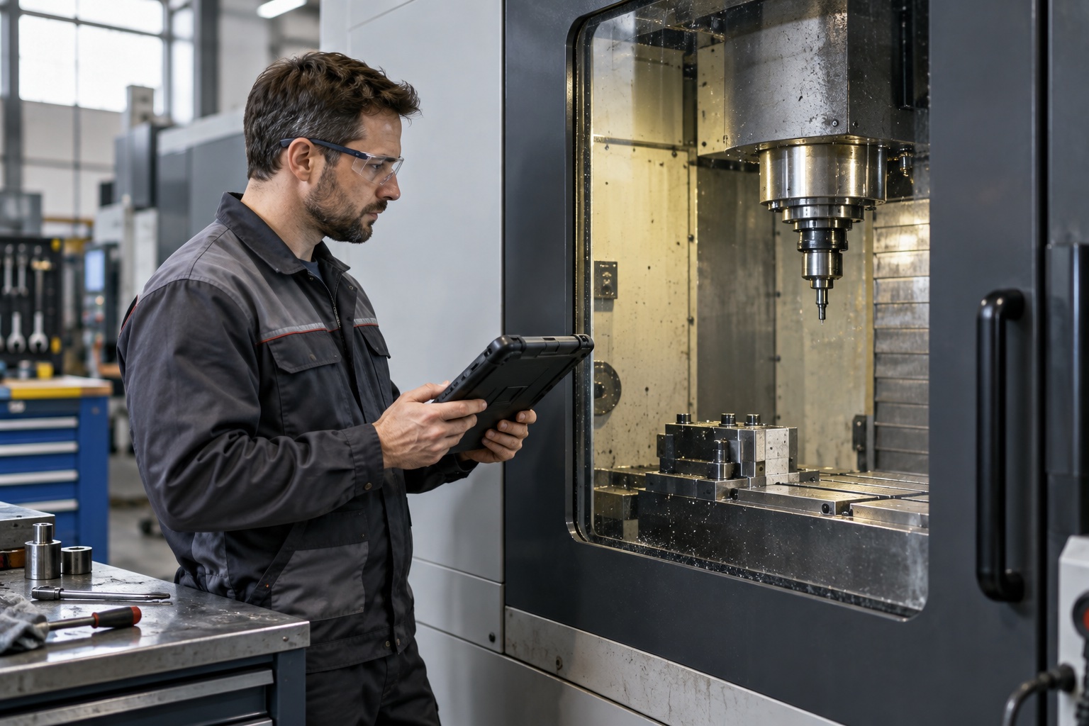 AI-generated scene: Service engineer reviewing a diagnostic tablet beside an enclosed CNC machine