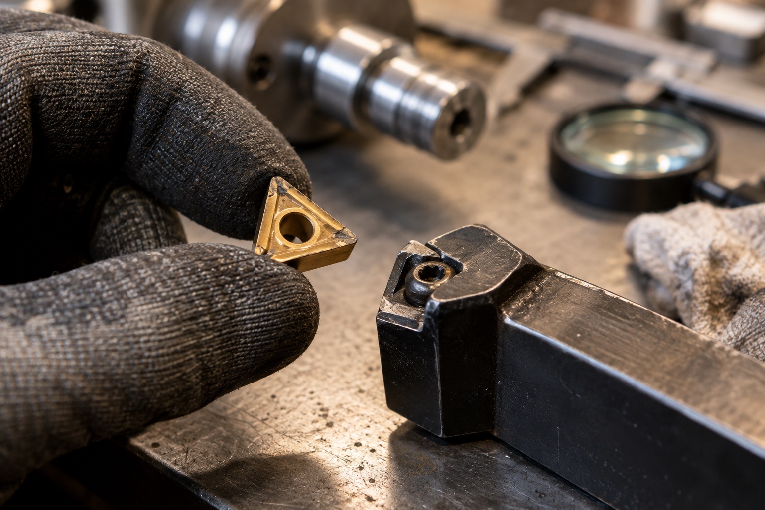 AI-generated scene: Gloved machinist examining a carbide cutting insert and toolholder